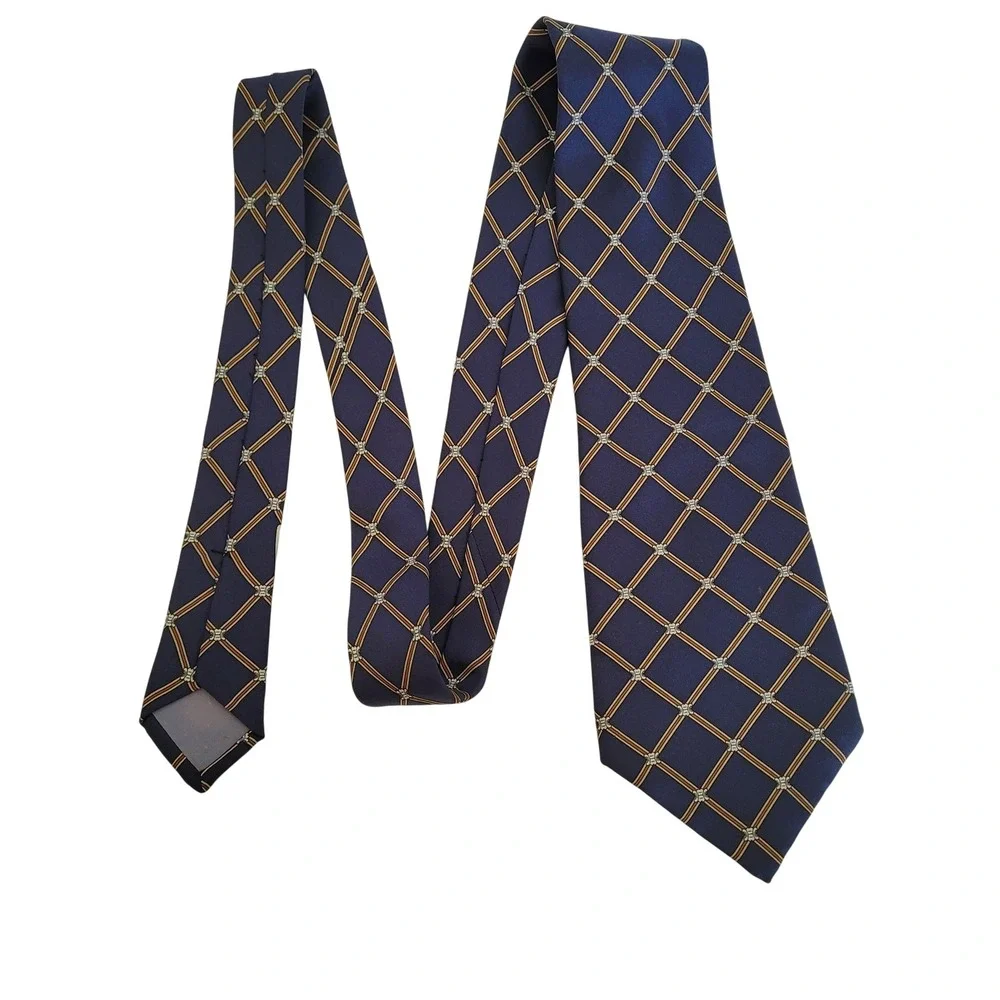 Celine Paris Vintage Silk Tie Navy Blue Macadam Carriage Lattice Geometric Mens